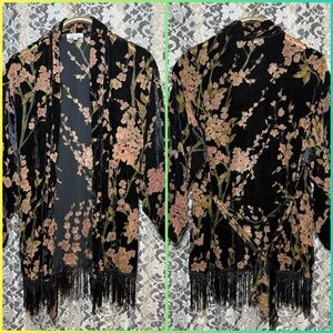 Lucy Paris Black Floral Kimono Blouse cherry blossoms burnout velvet fringe sml